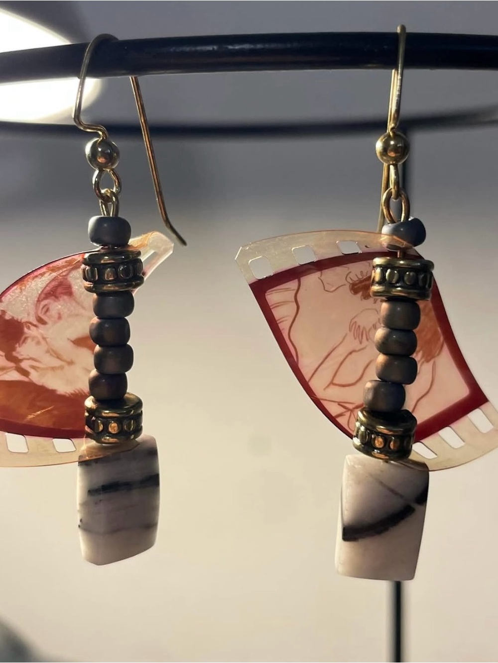 reel bijoux brand- Handcrafted Pink and Gold Mixed-Media Dangle Earrings
